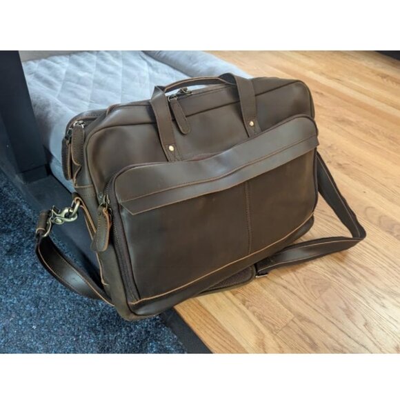 🆕Men Brown Fits 17.3 Inch Laptop Crossbody Shoulder Attached Leather Briefcase - Picture 1 of 12